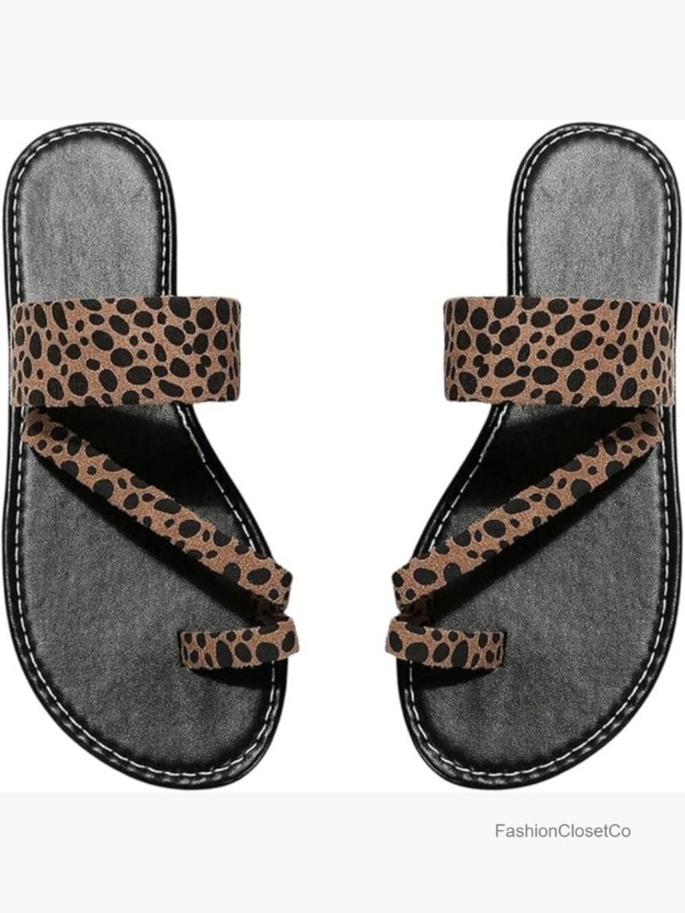 Leopard Print Toe Ring Sandals Strappy Open Toe Flat Slip On